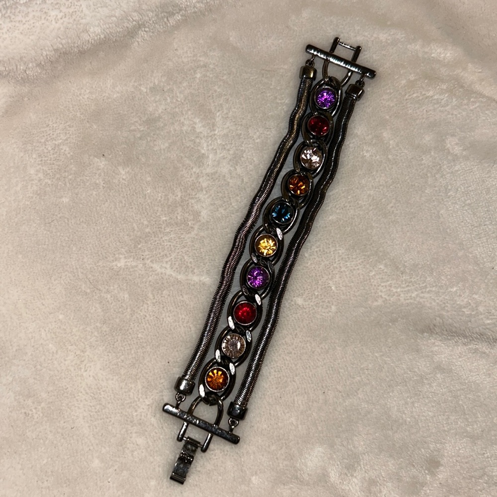 Crystal and Chrome metal Multi Gems Bracelet Fine Costume Jewelry Rainbow Stone